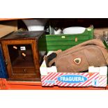AN EDWARDIAN OAK AND PINE SMOKERS CABINET AND TWO BOXES OF MISCELLANEOUS ITEMS, including a pair