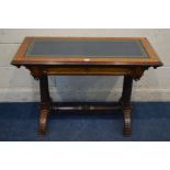 A MID VICTORIAN BURR WALNUT AND WALNUT GOTHIC REVIVAL LIBRARY TABLE, blue leather gilt tooled