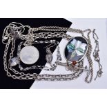 A SELECTION OF JEWELLERY, to include a silver circular pendant, hallmarked London, suspended from
