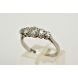 A PLATINIUM FIVE STONE DIAMOND RING, designed with five claw set, graduated old cut diamonds,