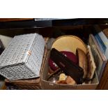 TWO BOXES AND LOOSE SUNDRY ITEMS, WICKER BASKETS, PICTURES ETC, to include tapestry footstool,