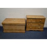 A PINE CHEST OF TWO SHORT OVER TWO LONG DRAWERS, width 92cm x depth 43cm x height 76cm together with