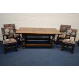 AN EARLY TO MID 20TH CENTURY OAK REFECTORY TABLE, with a plank top, on large block, turned and
