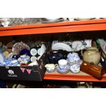 FIVE BOXES AND LOOSE CERAMICS AND GLASSWARE, including a Bourne Denby pottery bag shaped hot water