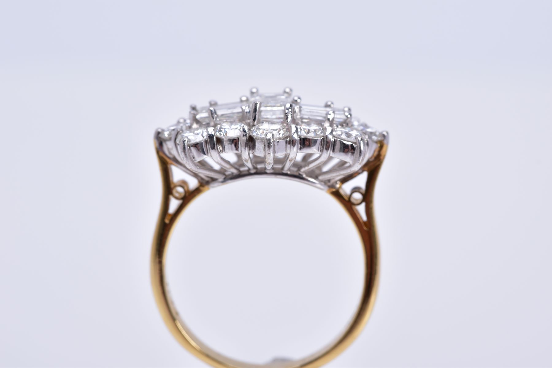 A MODERN 18CT GOLD LARGE DIAMOND CLUSTER RING, comprised three rap cut diamonds, measuring - Image 6 of 6