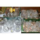 THREE BOXES OF LOOSE OF GLASSWARE, mostly cut glass including bowls, decanters, biscuit barrels,