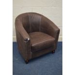 A MODERN BROWN LEATHER TUB CHAIR, width 75cm x depth 70cm x height 77cm