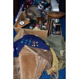 TWO BOXES AND LOOSE METALWARES, COSTUME, etc, including a child's telescope, boxed, a Singer