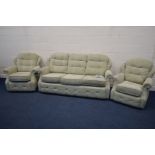 A G PLAN GREEN UPHOLSTERED THREE PIECE LOUNGE SUITE, comprising a three seater settee, armchair