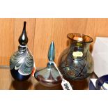 AN OKRA GLASS IRIDESCENT PERFUME BOTTLE AND STOPPER, sticker to base, height 15cm, together with