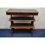 AN EARLY VICTORIAN MAHOGANY TELESCOPIC THREE TIER BUFFET, with a lappet carved frieze with
