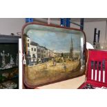 A 19TH CENTURY TWIN HANDLED RECTANGULAR TRAY, painted with an early 19th Century scene after