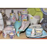 A COLLECTION OF POOLE POTTERY, including two vases (21cm high) a table lamp, trinket dishes, bowl,