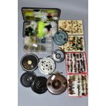 A SMALL COLLECTION OF FISHING TACKLE, comprising four cases of flies and seven fly fishing reels,