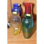 FOUR ROYAL BRIERLEY GLASS VASES, comprising three from Studio range, a red iridescent vase, height