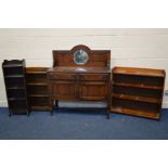 AN EARLY TO MID 20TH CENTURY OAK MIRRORBACK SIDEBOARD, with two drawers, width 117cm x depth 41cm