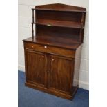 A VICTORIAN MAHOGANY CHIFFONIER with a two tier raised back supported on turned columns, a long