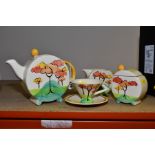A PAST TIMES DECO STYLE FOUR PIECE TEA FOR ONE, comprising teapot, covered sugar, milk jug, teacup