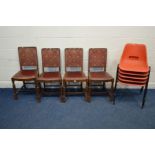 A SET OF FOUR MID CENTURY OAK DINING ROOM CHAIRS, with red leatherette seat inserts and
