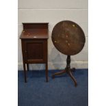 AN EDWARDIAN MAHOGANY POT CUPBOARD, together with a Georgian oak tilt top table (2)