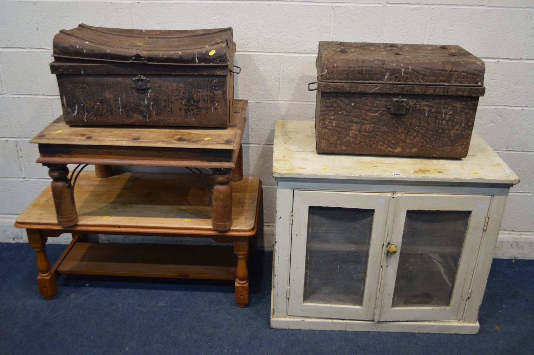 A VINTAGE PAINTED TWO DOOR MEAT SAFE, width 92cm x depth 62cm x height 76cm, together with two tin