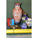 A GROUP OF ORIENTAL CERAMICS, METALWARES, SCROLLS etc, including a late 19th Century Imari porcelain