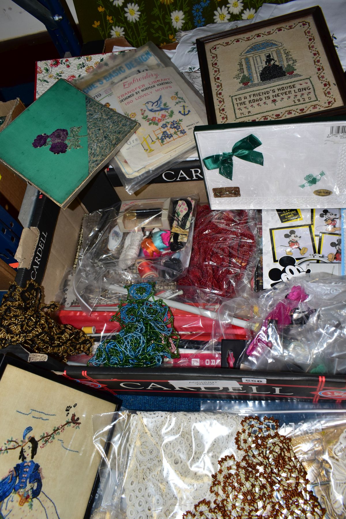 TWO BOXES OF TABLE LINEN, HABERDASHERY ITEMS, NEEDLEWORK PICTURES, etc, including buttons, - Image 3 of 4