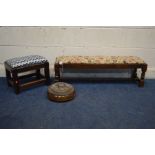 A MID 20TH CENTURY OAK FOOTSTOOL, together with an oak double footstool and a 19th Century