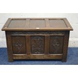 A LATE 20TH CENTURY CARVED OAK BLANKET CHEST, width 83cm x depth 43cm x height 48cm