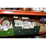 FIVE BOXES AND LOOSE CERAMICS, GLASSWARE, PRINTS, MIRRORS, etc, including Masons Regency dinner