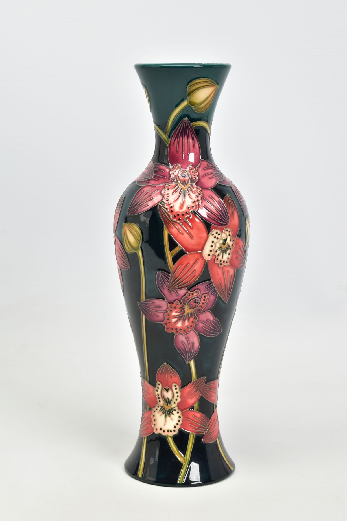 A BOXED MOORCROFT POTTERY VASE, from Connoisseur collection June 2004, 'Porelet Bay', pink and red - Image 2 of 4