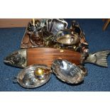 A BOX OF SILVER PLATE ETC, including late Victorian silver cheroot case holder, Birmingham 1898, a