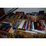 FIVE BOXES OF BOOKS, DVDS, CDS, ETC, to include cookery, gardening, Dickens, Tolkien J R, 'The