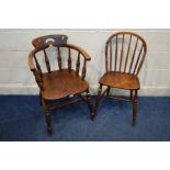 AN EARLY TO MID 20TH CENTURY ELM AND BEECH SMOKERS CHAIR, together with a Georgian elm and oak