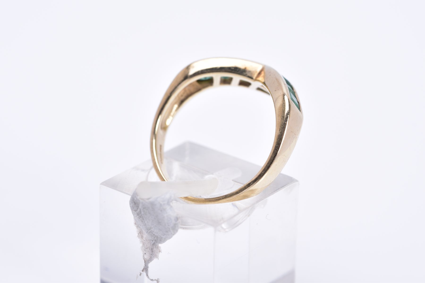 A 9CT GOLD EMERALD RING, of 'v' shape design set with square cut emeralds, plain polished band, - Image 3 of 3