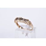 A 9CT GOLD FIVE STONES DIAMOND RING, designed with five graduated round brilliant cut diamond, rub