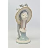 A LLADRO'S GIRLS HEAD, No.5153, depicting girls head wearing a hat with feathers on a pedestal base,