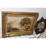 A BLACK FOREST CARVED WOODEN FRAMED MIRROR, the fruit and vine carving surrounding, an oval shaped