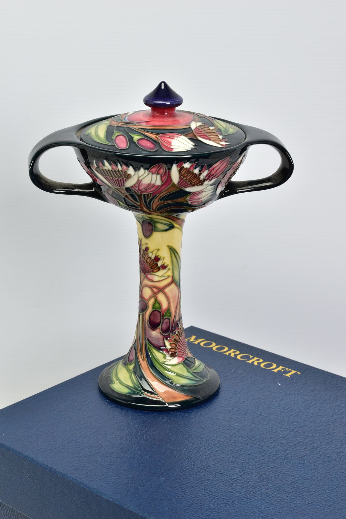 A BOXED MOORCROFT POTTERY COLLECTORS CLUB BONBONNIERE, 'Symphony' patten by Emma Bossons,