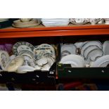 FOUR BOXES OF MISCELLANEOUS DINNER AND TEA WARES, including Royal Doulton Juno, Masons Strathmore,