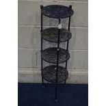 A BLUE PAINTED CAST IRON FOUR TIER STAND