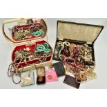 TWO BOXES OF COSTUME JEWELLERY AND ITEMS, contents of the boxes to include imitation pearl