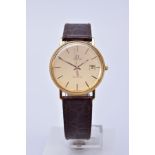 A GENTS 9CT GOLD OMEGA 1430 WRISTWATCH, gold dial with date window at 3 o'clock position, baton hour