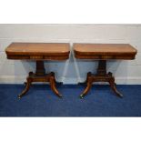 A PAIR OF REPRODUCTION REGENCY STYLE MAHOGANY CROSSBANDED AND BRASS INLAID FOLD OVER CARD TABLE,