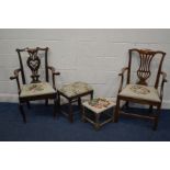 TWO 19TH CENTURY OAK CHIPPENDALE STYLE OPEN ARMCHAIRS with needlework drop in seat pads together