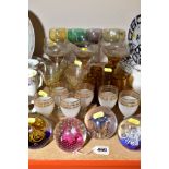 A COLLECTION OF GLASSWARE, including five harlequin Hock glasses, five champagne glasses, each