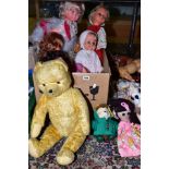 TWO BOXES AND LOOSE OF DOLLS, TOYS AND SOFT TOYS, including a wood straw filled growler bear