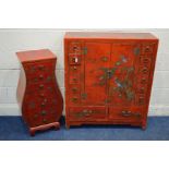 A LATE 20TH CENTURY CHINOSERIE TWO DOOR CABINET, on red ground, two flanks of six drawers above