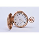 A FULL HUNTER WALTHAM POCKET WATCH, white dial, roman numerals, gold hands, dial signed 'Waltham'