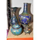 A GROUP OF FOUR CHINESE CLOISONNE ITEMS, comprising a censar and cover, height 14cm, ginger jar